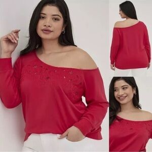 Torrid Off-Shoulder Casual Sweatshirt Floral Cut Out Top Women's Plus Sz 2X Red.